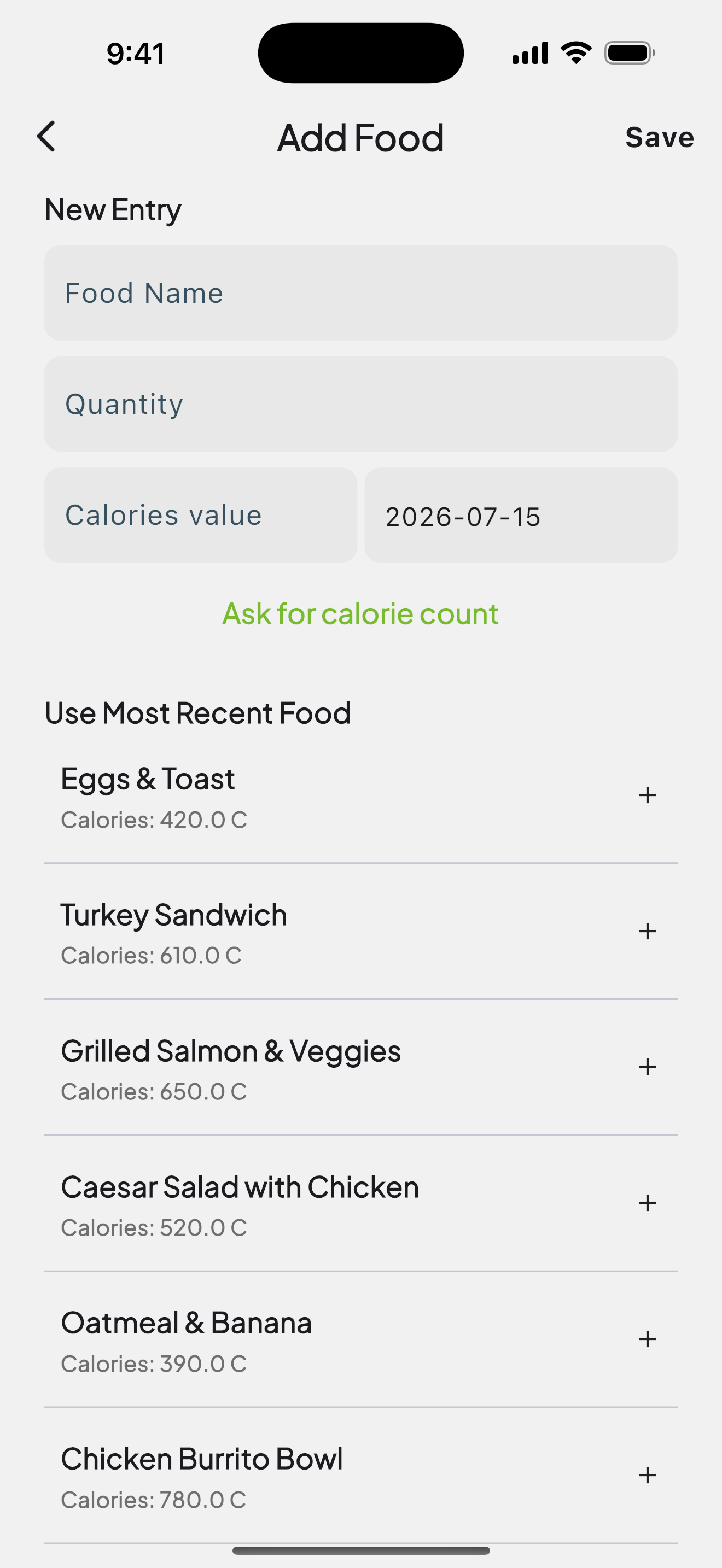 Most used foods list with one tap re-logging
