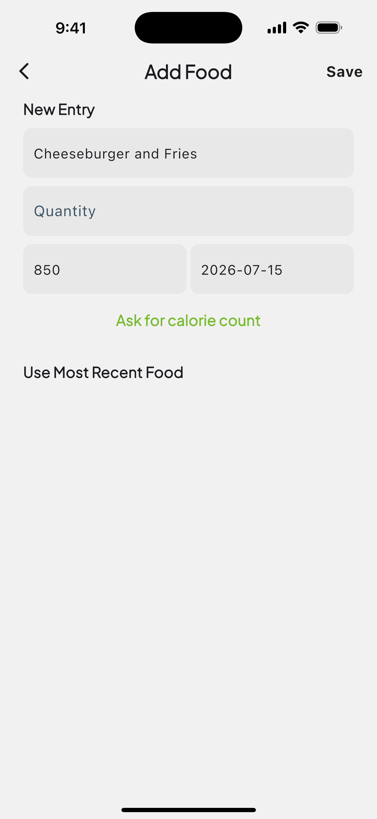 AI calorie estimate filled in for a cheeseburger and fries